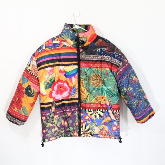 Farm Rio Puffer Jacket NEW Women Colorful Mix Scarves Coat Small Quilted - Picture 1 of 10